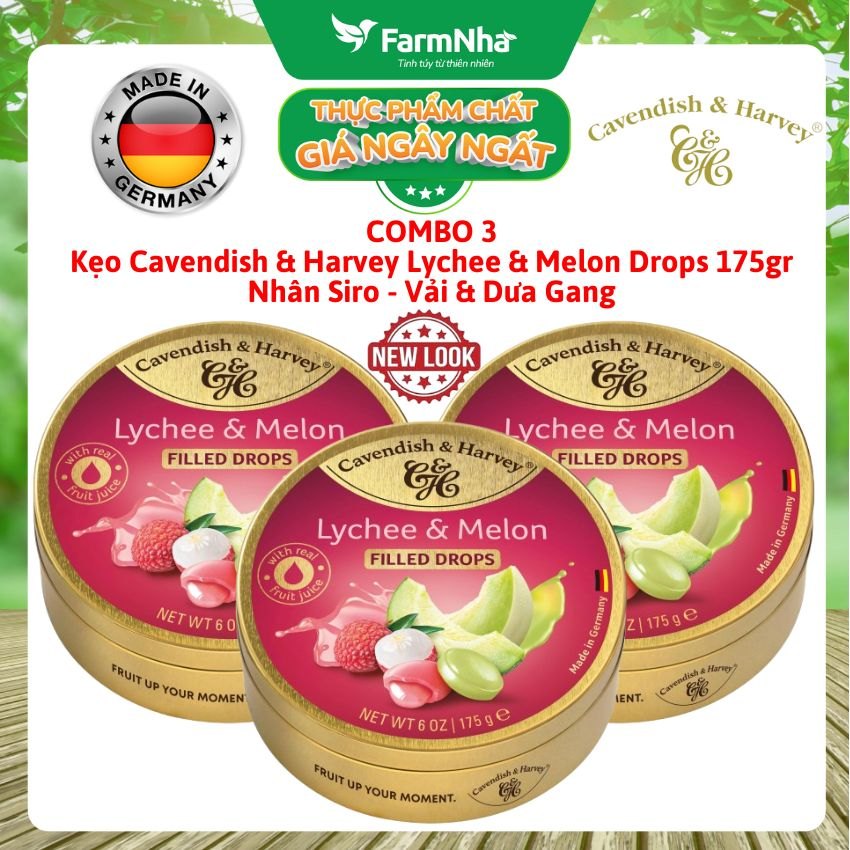 (Combo 3) Kẹo Cavendish & Harvey Lychee & Melon 175g Nhân Siro Hộp Thiếc - Kẹo Đức Vị Trái Cây Tự Nhiên