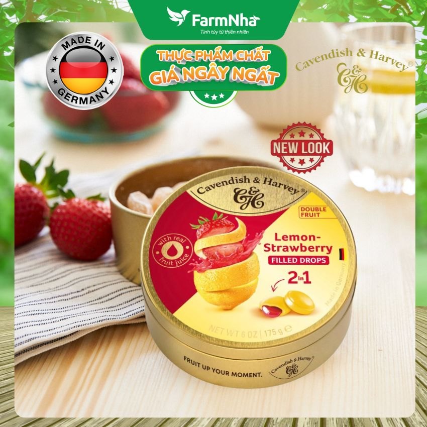(Combo 2) Kẹo Cavendish & Harvey LEMON WITH STRAWBERRY FILLING 175gr Nhân Siro Hộp Thiếc - Kẹo Trái Cây Đức
