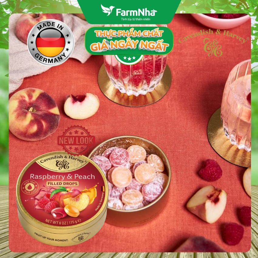 (Combo 3) Kẹo Cavendish & Harvey Raspberry & Peach 175g Nhân Siro Hộp Thiếc - Kẹo Đức vị Trái Cây Tự Nhiên