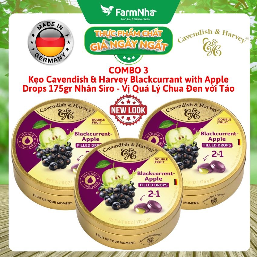 (Combo 3) Kẹo Cavendish & Harvey BLACKCURRANT WITH APPLE FILLING 175g Nhân Siro Hộp Thiếc - Kẹo Trái Cây Đức