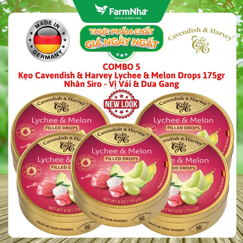 (Combo 5) Kẹo Cavendish & Harvey Lychee & Melon 175g Nhân Siro Hộp Thiếc - Kẹo Đức Vị Trái Cây Tự Nhiên