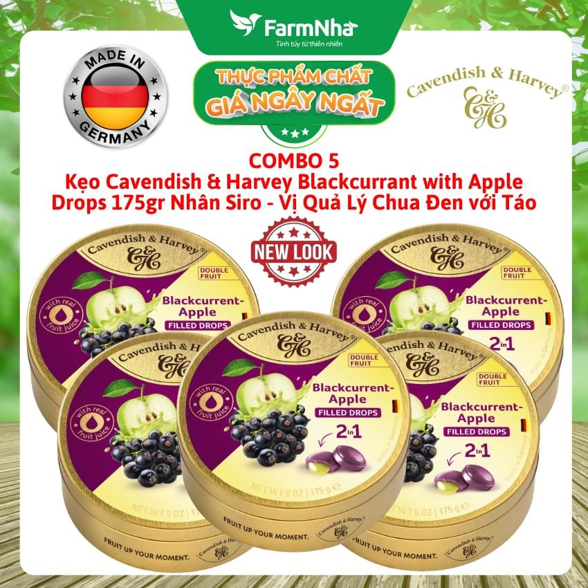 (Combo 5) Kẹo Cavendish & Harvey BLACKCURRANT WITH APPLE FILLING 175g Nhân Siro Hộp Thiếc - Kẹo Trái Cây Đức