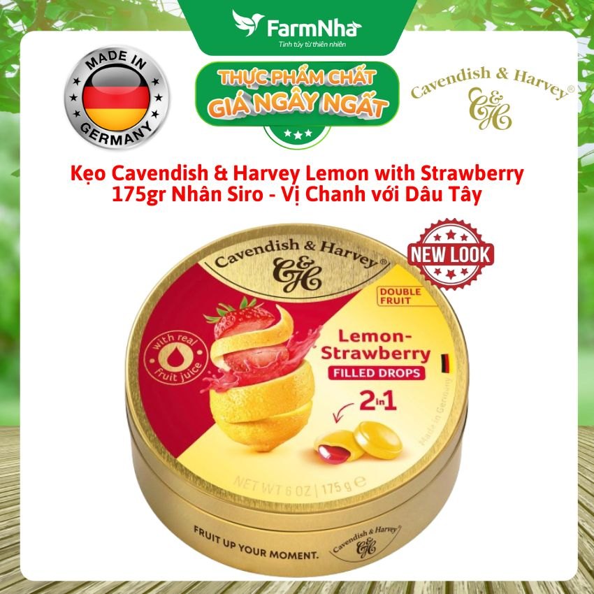 Kẹo Cavendish & Harvey LEMON WITH STRAWBERRY FILLING 175gr Nhân Siro Hộp Thiếc - Kẹo Đức Trái Cây