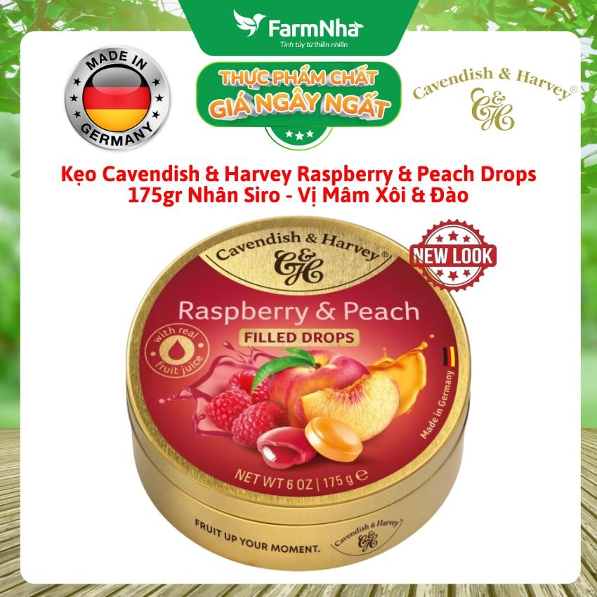 Kẹo Cavendish & Harvey Raspberry & Peach 175g Nhân Siro Hộp Thiếc - Kẹo Đức vị Trái Cây Tự Nhiên