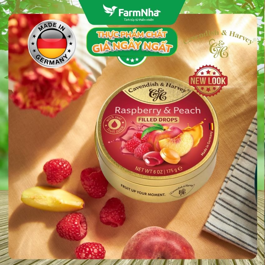 (Combo 3) Kẹo Cavendish & Harvey Raspberry & Peach 175g Nhân Siro Hộp Thiếc - Kẹo Đức vị Trái Cây Tự Nhiên