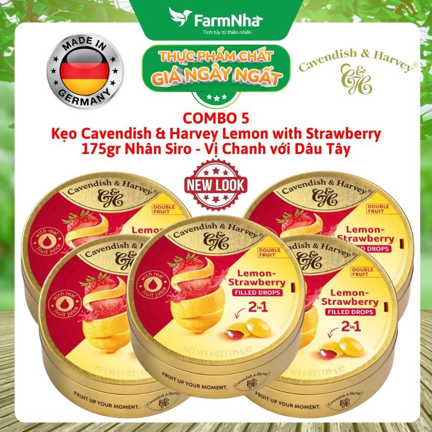 (Combo 5) Kẹo Cavendish & Harvey LEMON WITH STRAWBERRY FILLING 175gr Nhân Siro Hộp Thiếc - Kẹo Trái Cây Đức