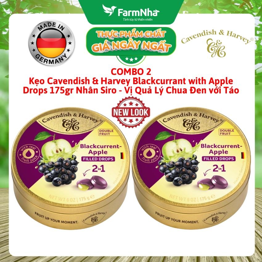 (Combo 2) Kẹo Cavendish & Harvey BLACKCURRANT WITH APPLE FILLING 175g Nhân Siro Hộp Thiếc - Kẹo Trái Cây Đức