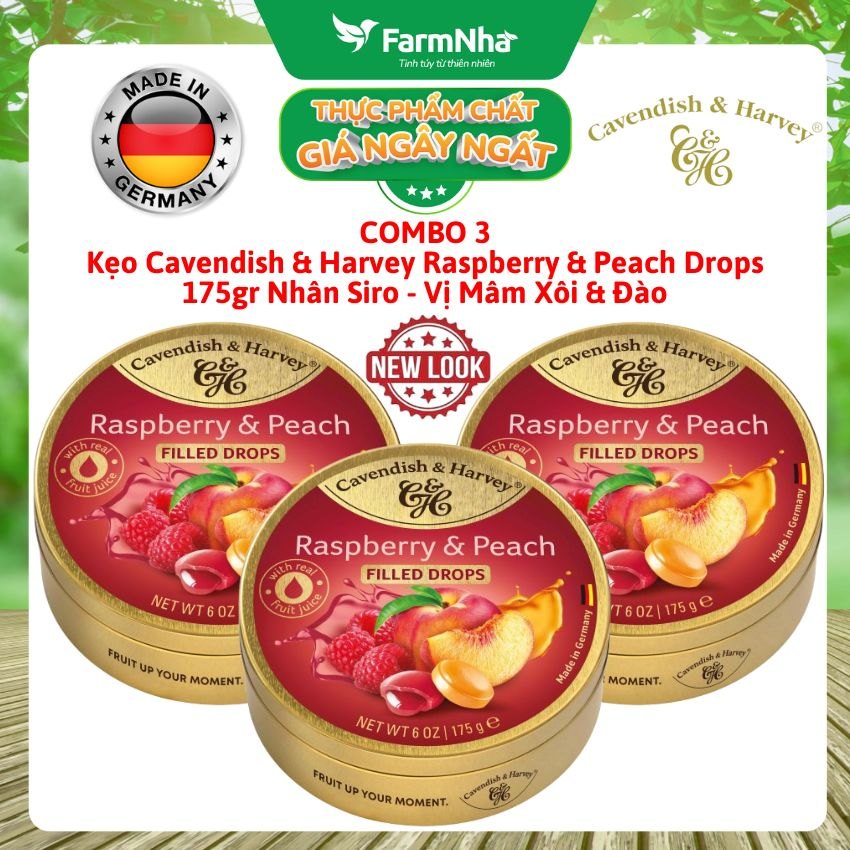 (Combo 3) Kẹo Cavendish & Harvey Raspberry & Peach 175g Nhân Siro Hộp Thiếc - Kẹo Đức vị Trái Cây Tự Nhiên