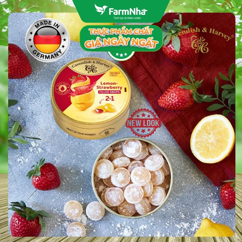 (Combo 2) Kẹo Cavendish & Harvey LEMON WITH STRAWBERRY FILLING 175gr Nhân Siro Hộp Thiếc - Kẹo Trái Cây Đức