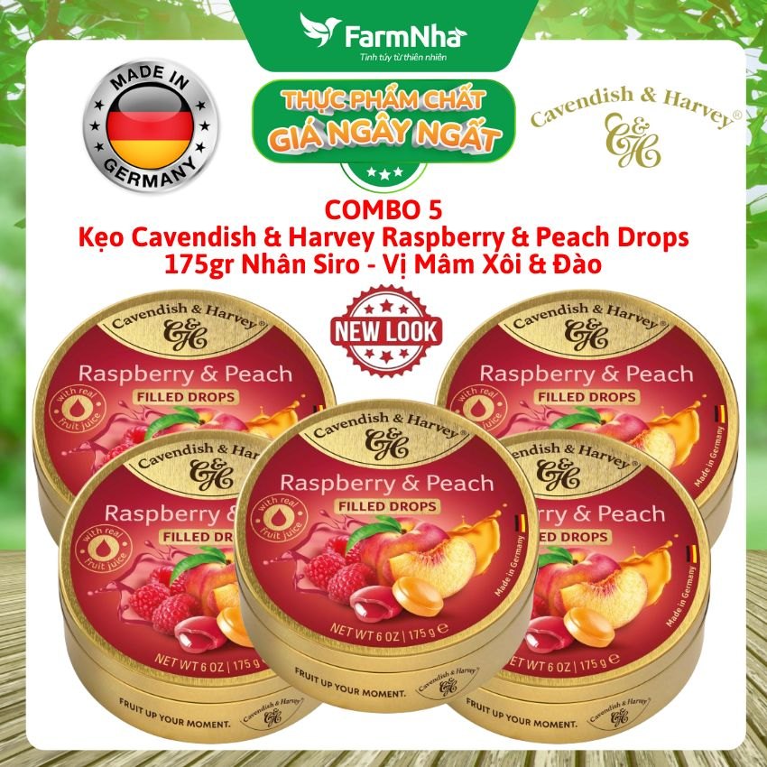 (Combo 5) Kẹo Cavendish & Harvey Raspberry & Peach 175g Nhân Siro Hộp Thiếc - Kẹo Đức vị Trái Cây Tự Nhiên