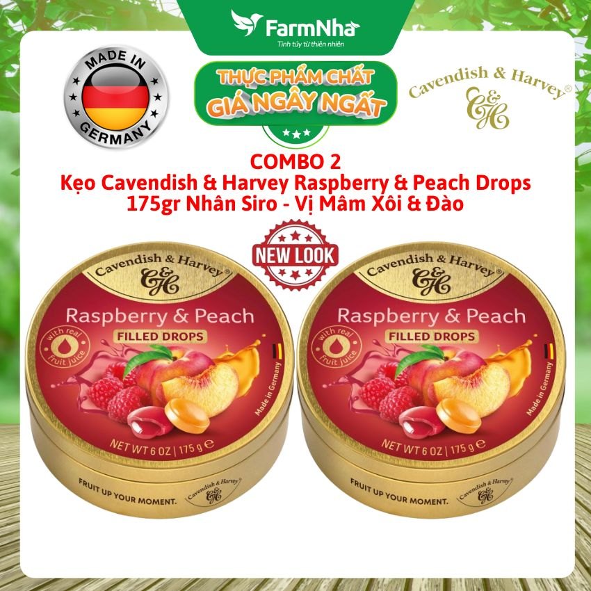 (Combo 2) Kẹo Cavendish & Harvey Raspberry & Peach 175g Nhân Siro Hộp Thiếc - Kẹo Đức vị Trái Cây Tự Nhiên