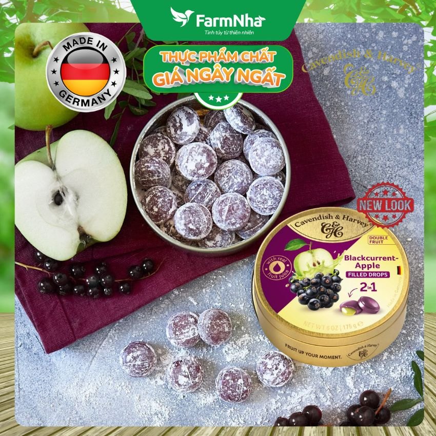 (Combo 5) Kẹo Cavendish & Harvey BLACKCURRANT WITH APPLE FILLING 175g Nhân Siro Hộp Thiếc - Kẹo Trái Cây Đức