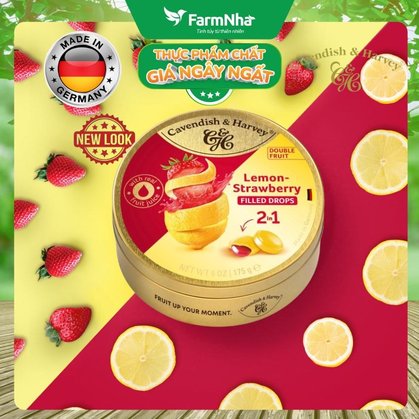 (Combo 2) Kẹo Cavendish & Harvey LEMON WITH STRAWBERRY FILLING 175gr Nhân Siro Hộp Thiếc - Kẹo Trái Cây Đức