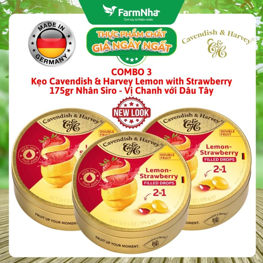 (Combo 3) Kẹo Cavendish & Harvey LEMON WITH STRAWBERRY FILLING 175gr Nhân Siro Hộp Thiếc - Kẹo Trái Cây Đức