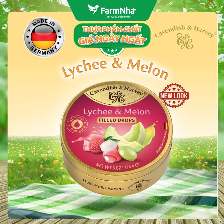 (Combo 5) Kẹo Cavendish & Harvey Lychee & Melon 175g Nhân Siro Hộp Thiếc - Kẹo Đức Vị Trái Cây Tự Nhiên