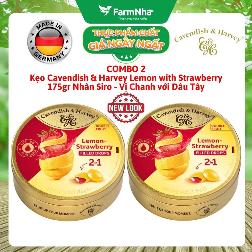 (Combo 2) Kẹo Cavendish & Harvey LEMON WITH STRAWBERRY FILLING 175gr Nhân Siro Hộp Thiếc - Kẹo Trái Cây Đức