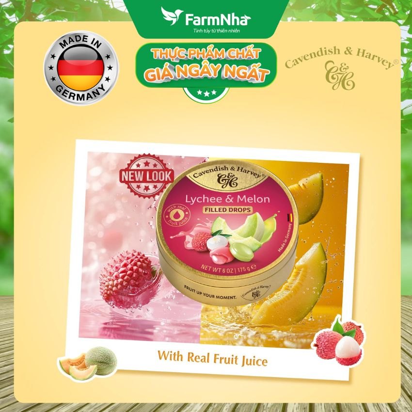 (Combo 5) Kẹo Cavendish & Harvey Lychee & Melon 175g Nhân Siro Hộp Thiếc - Kẹo Đức Vị Trái Cây Tự Nhiên