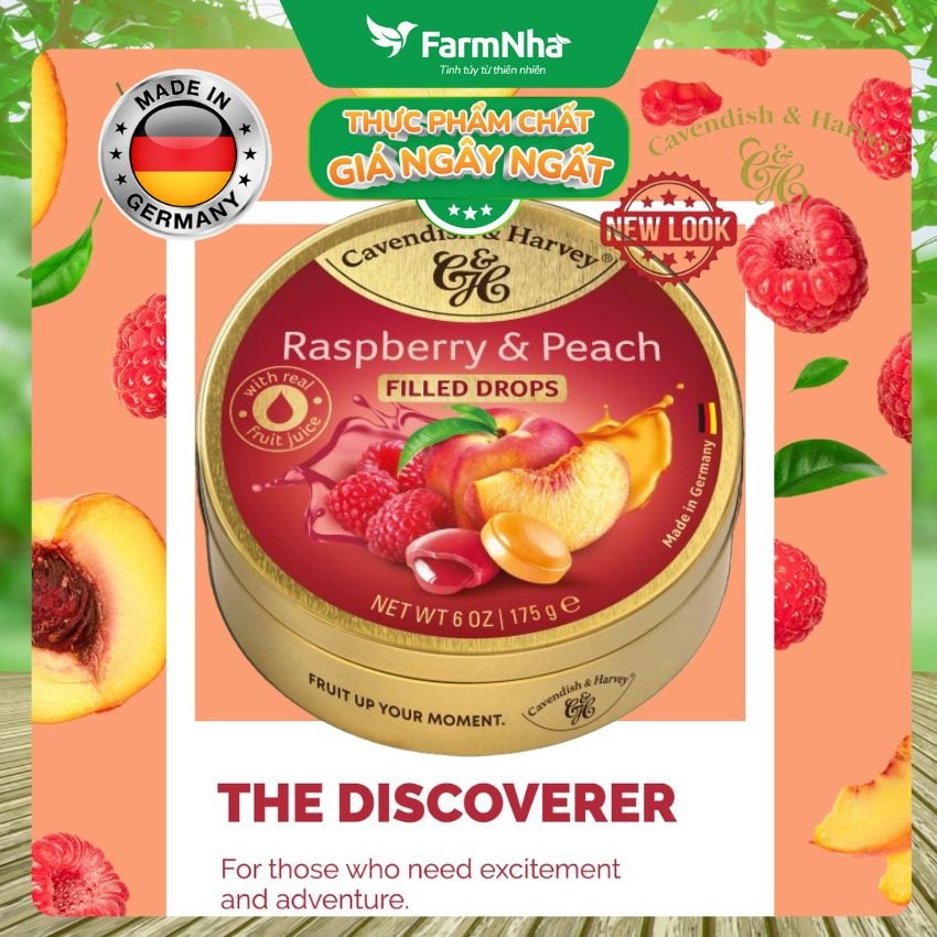 (Combo 3) Kẹo Cavendish & Harvey Raspberry & Peach 175g Nhân Siro Hộp Thiếc - Kẹo Đức vị Trái Cây Tự Nhiên