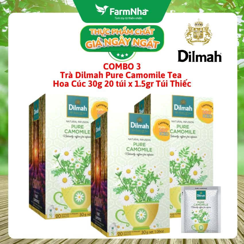 (Combo 3) Trà Dilmah Pure Camomile 30g 20 Túix1.5g Túi Bạc Riêng Biệt – Thảo Dược Hoa Cúc Thư Giãn Tinh Thần