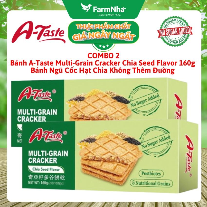 (Combo 2) Bánh A-Taste Multi-Grain Cracker Chia Seed Flavor 160g - Ngũ Cốc Hạt Chia Không Thêm Đường