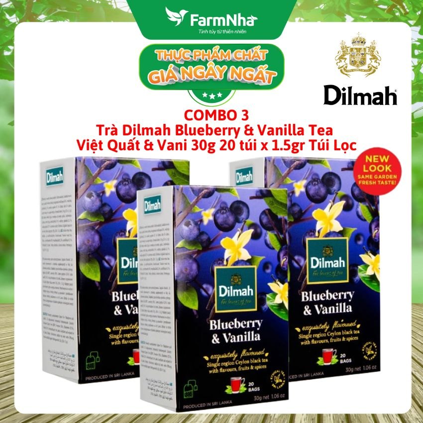 (Combo 3) Trà Dilmah Blueberry & Vanilla Hương việt quất & vanilla túi lọc 30g 20 túi x 1.5g - TInh hoa trà Sri Lanka