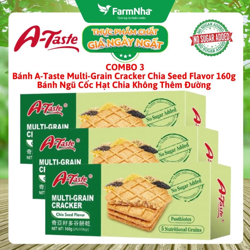 (Combo 3) Bánh A-Taste Multi-Grain Cracker Chia Seed Flavor 160g - Ngũ Cốc Hạt Chia Không Thêm Đường