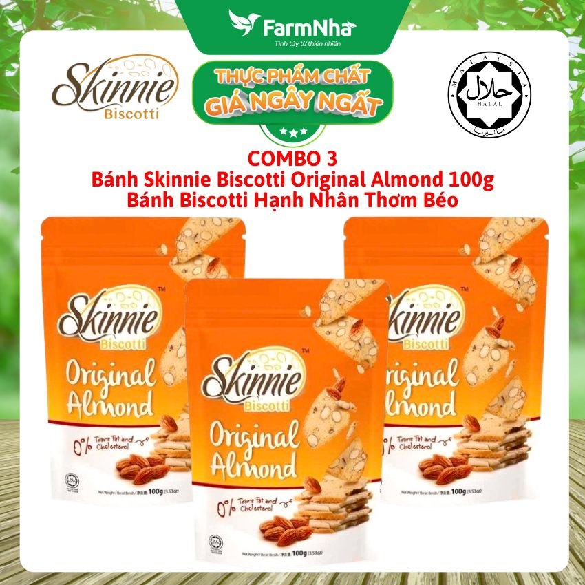 (Combo 3) Bánh Skinnie Biscotti Original Almond 100g - Biscotti Hạnh Nhân Truyền Thống Thơm Béo