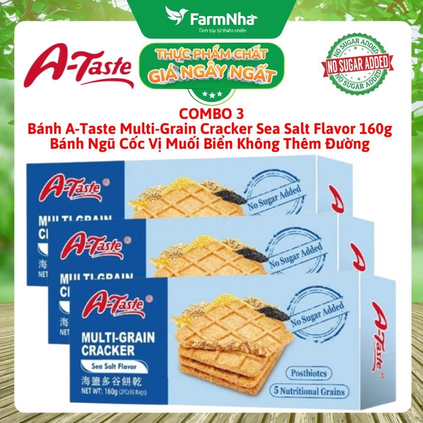 (Combo 3) Bánh A-Taste Multi-Grain Cracker Sea Salt Flavor 160g - Ngũ Cốc Vị Muối Biển Không Thêm Đường