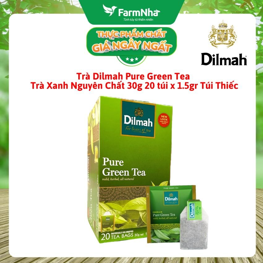 Trà Dilmah Pure Green Trà Xanh 30g 20 túix1.5g Túi Bạc Riêng Biệt - Tuyệt vời cho những ai yêu thích trà xanh