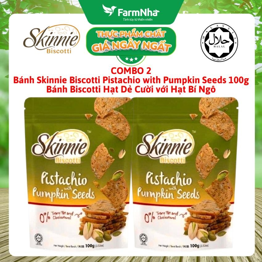 (Combo 2) Bánh Skinnie Biscotti Pistachio Pumpkin Seeds 100g - Hạt Dẻ Cười với Hạt Bí Ngô
