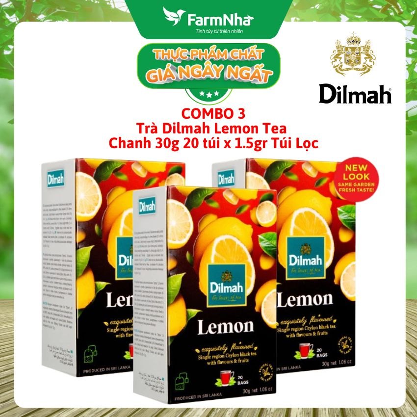 (Combo 3 hộp) Trà Dilmah Lemon 30g túi lọc 20 x 1.5g - Hương vị trà chanh tươi mát và nguyên chất, tinh hoa trà Sri Lanka
