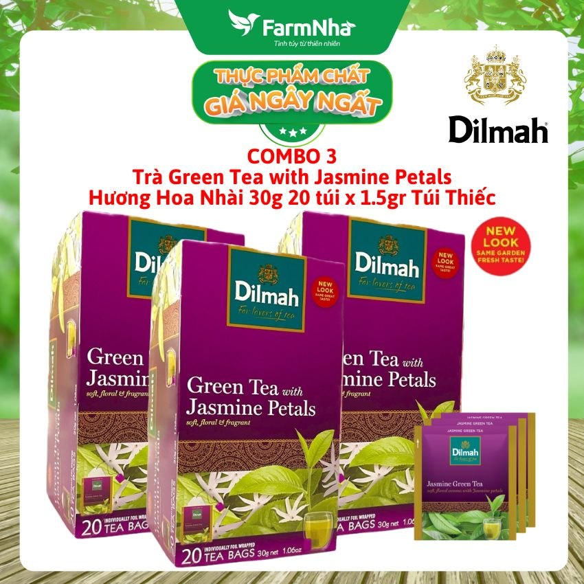 (Combo 3) Trà Dilmah Green Tea with Jasmine Petals 30g 20 Túix1.5g Túi Bạc Riêng Biệt - Hương Nhài Dịu Dàng Tự Nhiên