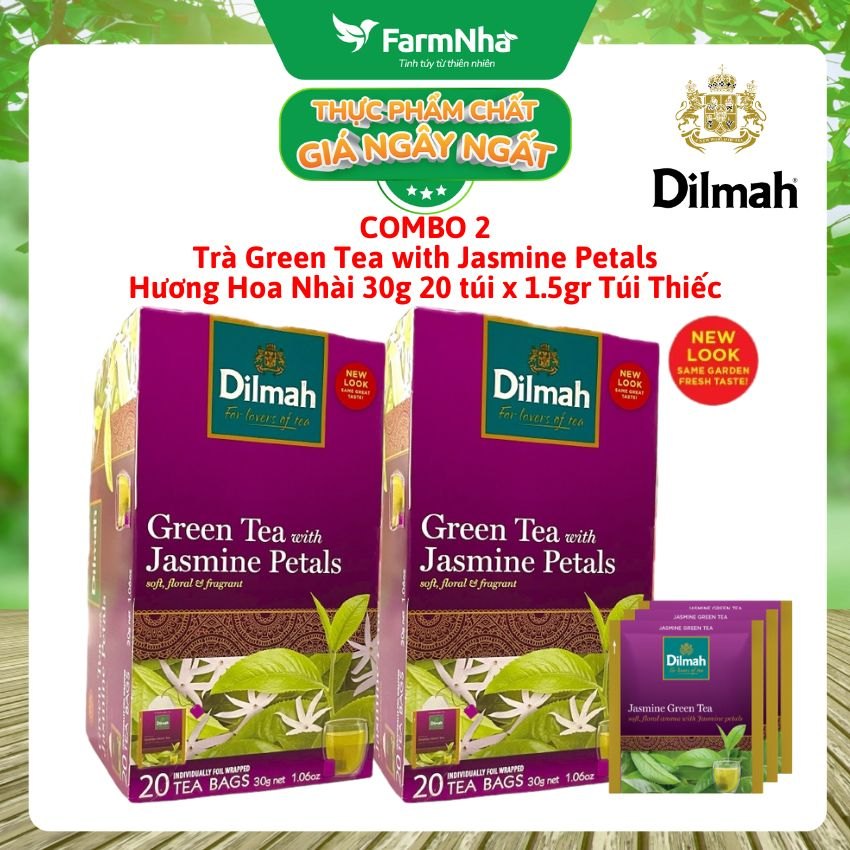 (Combo 2) Trà Dilmah Green Tea with Jasmine Petals 30g 20 Túix1.5g Túi Bạc Riêng Biệt - Hương Nhài Dịu Dàng Tự Nhiên