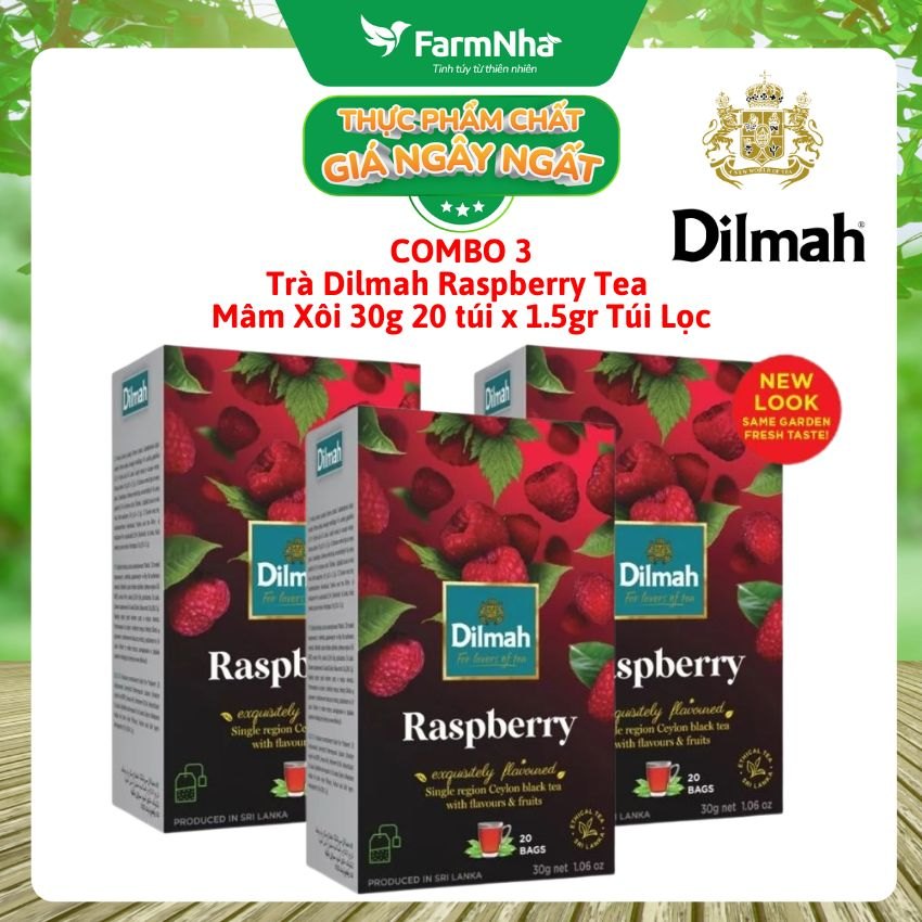 (Combo 3 Hộp) Trà Dilmah Raspberry vị Mâm Xôi túi lọc 30g 20 túi x 1.5g - Tinh hoa trà Sri Lanka