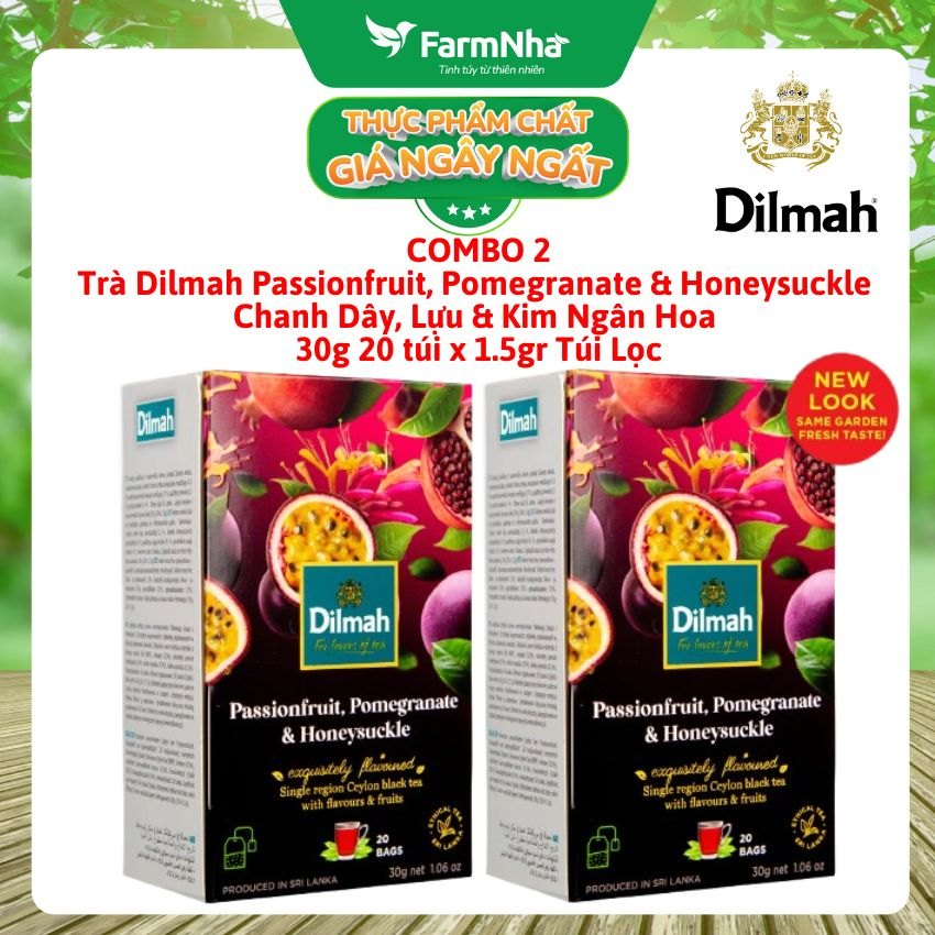 (Combo 2 Hộp) Trà Dilmah Passion Fruit Pomegranade & Honeysuckle Hương Chanh Dây, Lựu, Kim Ngân Hoa Túi Lọc 30g 20 túi x 1.5g