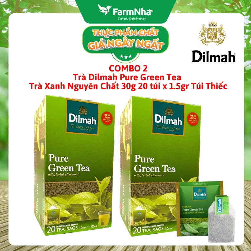 (Combo 2) Trà Dilmah Pure Green 30g 20 túix1.5g Túi Bạc Riêng Biệt - Tuyệt vời cho những ai yêu thích trà xanh