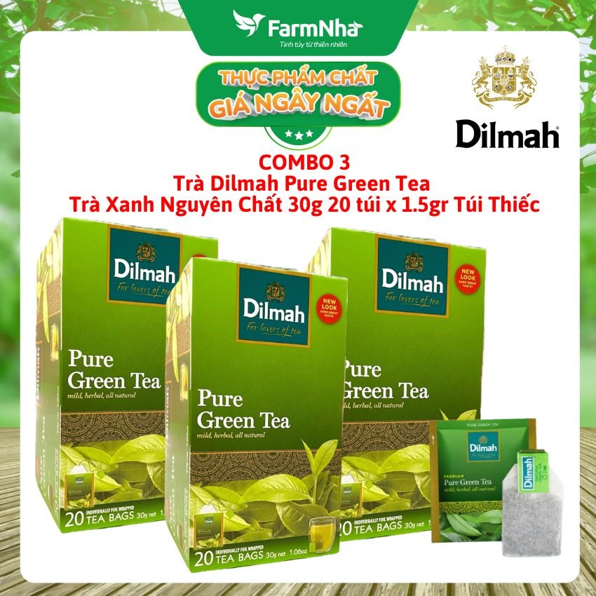(Combo 3) Trà Dilmah Pure Green 30g 20 túix1.5g Túi Bạc Riêng Biệt - Tuyệt vời cho những ai yêu thích trà xanh