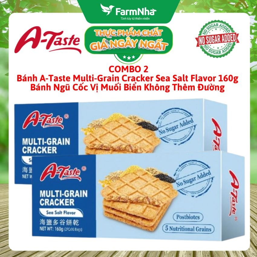 (Combo 2) Bánh A-Taste Multi-Grain Cracker Sea Salt Flavor 160g - Ngũ Cốc Vị Muối Biển Không Thêm Đường