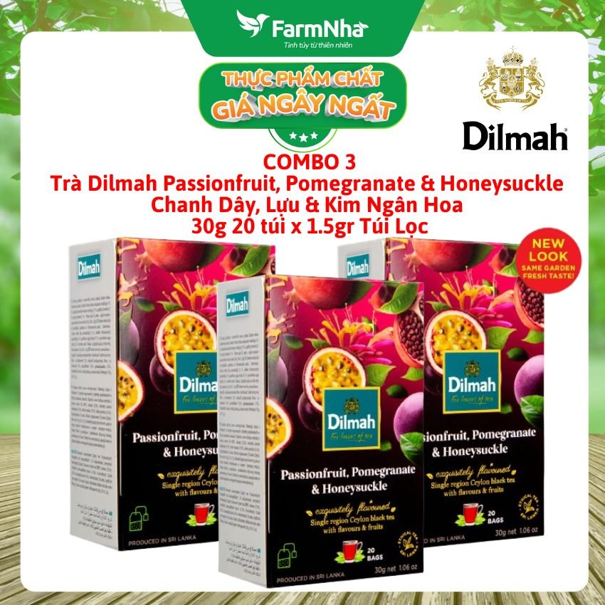 (Combo 3 Hộp) Trà Dilmah Passion Fruit Pomegranade & Honeysuckle Hương Chanh Dây, Lựu, Kim Ngân Hoa Túi Lọc 30g 20 túi x 1.5g