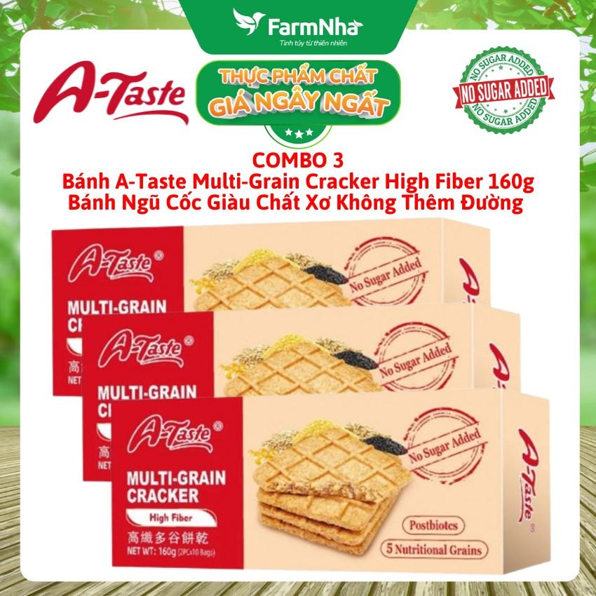 (Combo 3) Bánh A-Taste Multi-Grain Cracker High Fiber 160g - Ngũ Cốc Giàu Chất Xơ Không Thêm Đường