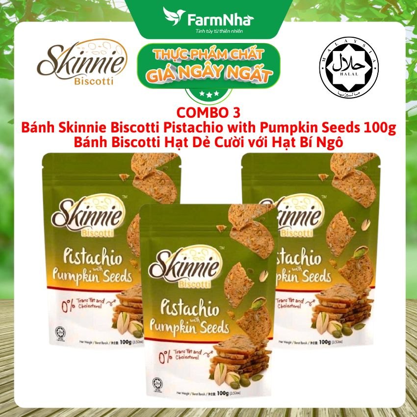 (Combo 3) Bánh Skinnie Biscotti Pistachio Pumpkin Seeds 100g - Hạt Dẻ Cười với Hạt Bí Ngô