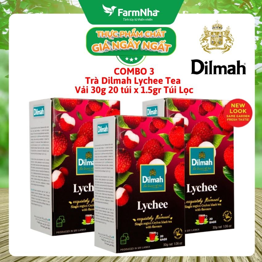 (Combo 3 Hộp) Trà Dilmah Lychee Hương Vải túi lọc 30g 20 túi x 1.5g - Tinh hoa trà Sri Lanka