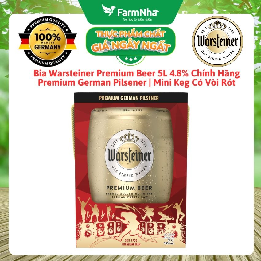 Bia Warsteiner Premium Beer 4.8% Bom 5L Chính Hãng | Premium German Pilsener | Mini Keg Có Vòi Rót