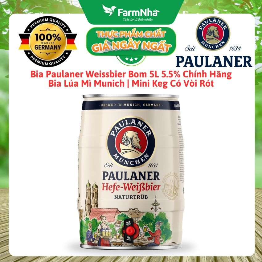 Bia Paulaner Weissbier 5.5% Bom 5L Chính Hãng | Bia Lúa Mì Munich | Mini Keg Có Vòi Rót