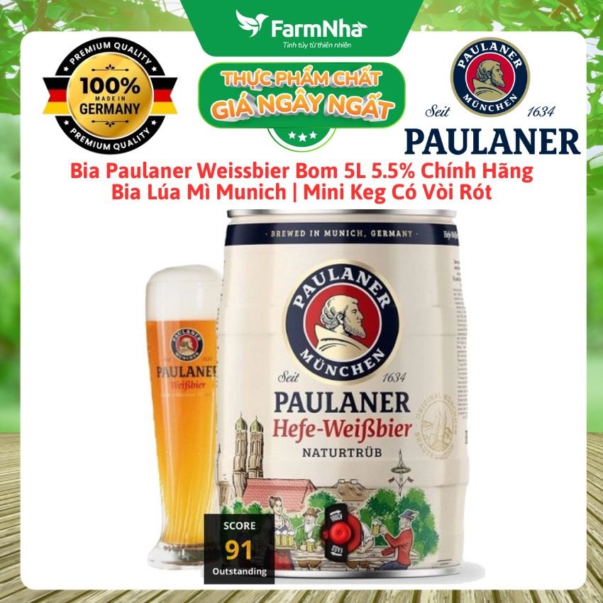 Bia Paulaner Weissbier 5.5% Bom 5L Chính Hãng | Bia Lúa Mì Munich | Mini Keg Có Vòi Rót 