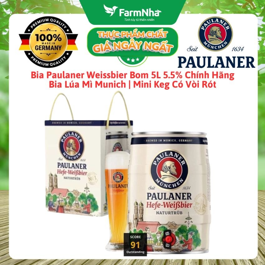 Bia Paulaner Weissbier 5.5% Bom 5L Chính Hãng | Bia Lúa Mì Munich | Mini Keg Có Vòi Rót