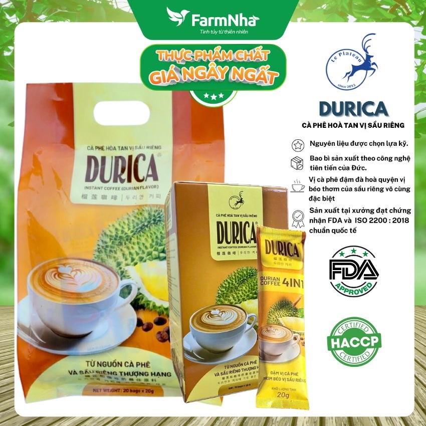 (Combo 5) Cà Phê Sầu Riêng DURICA 200g 10 gói x 20g Hòa Tan Le Plateau - Vị Sầu Riêng Thơm Béo