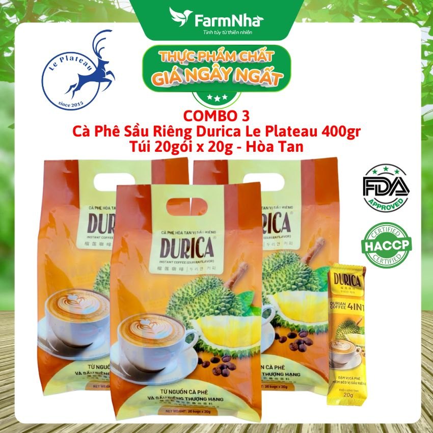 (Combo 3) Cà Phê Sầu Riêng DURICA Hòa Tan Le Plateau Túi 400gr 20x20g - Sầu Riêng Thơm Béo