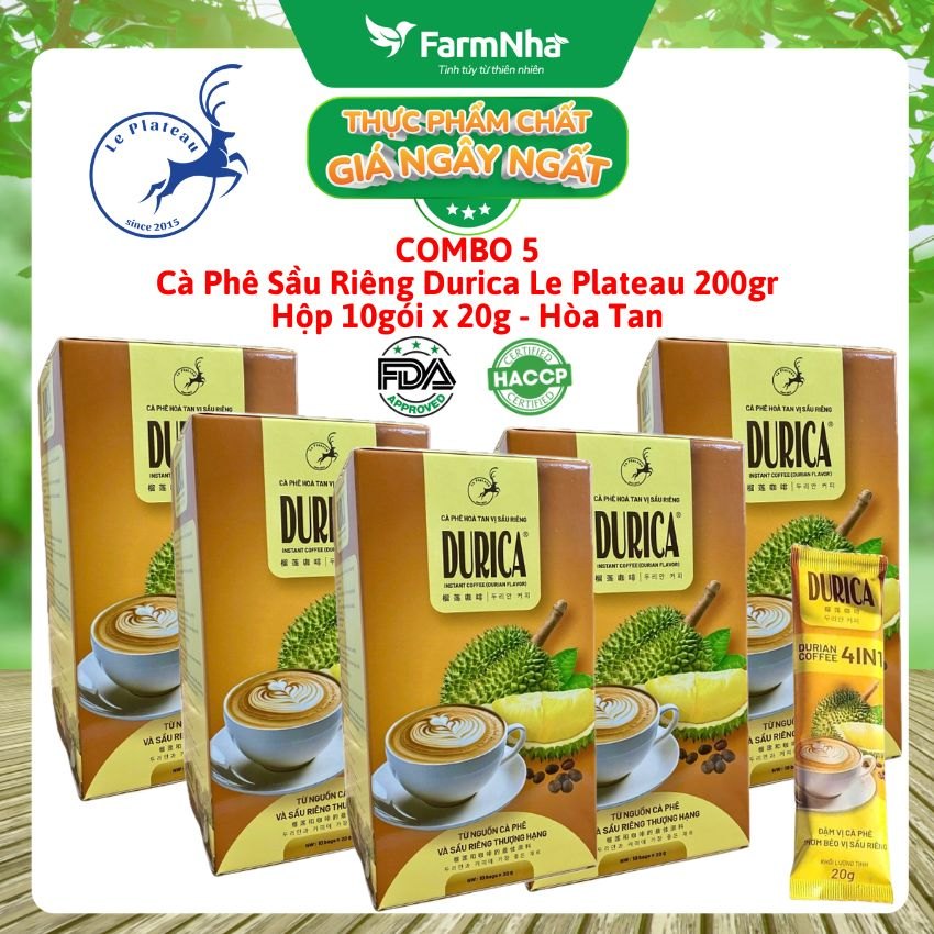 (Combo 5) Cà Phê Sầu Riêng DURICA 200g 10 gói x 20g Hòa Tan Le Plateau - Vị Sầu Riêng Thơm Béo