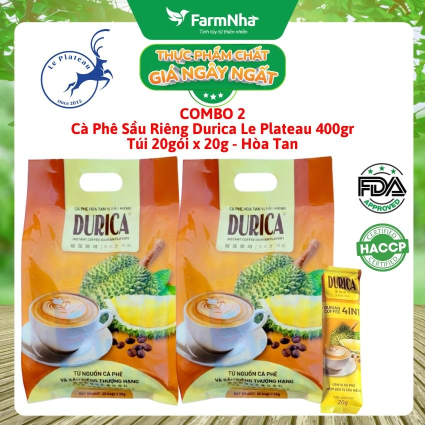 (Combo 2) Cà Phê Sầu Riêng DURICA Hòa Tan Le Plateau Túi 400gr 20x20g - Sầu Riêng Thơm Béo